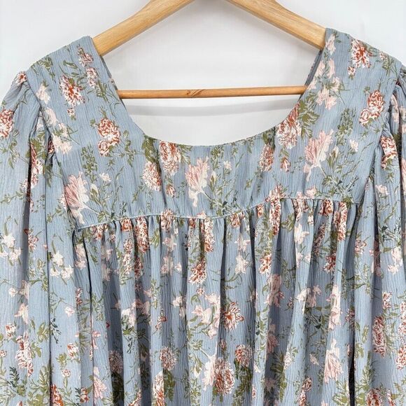 Altar'd State Blue Floral Long Balloon Sleeve Top, Sz Small, Boho Shabby Chic - Picture 9 of 11